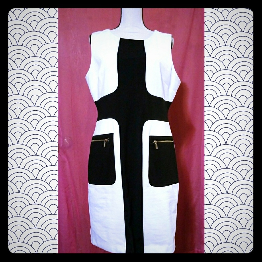 Sharagano Black and White Colorblock Mini Dress